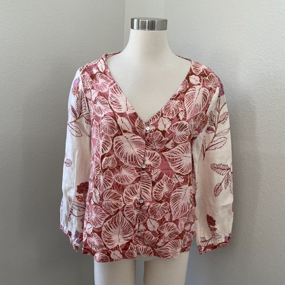 Tahari Womens Small 100% Linen Floral Button Up Shirt Top V Neck Long Sleeve